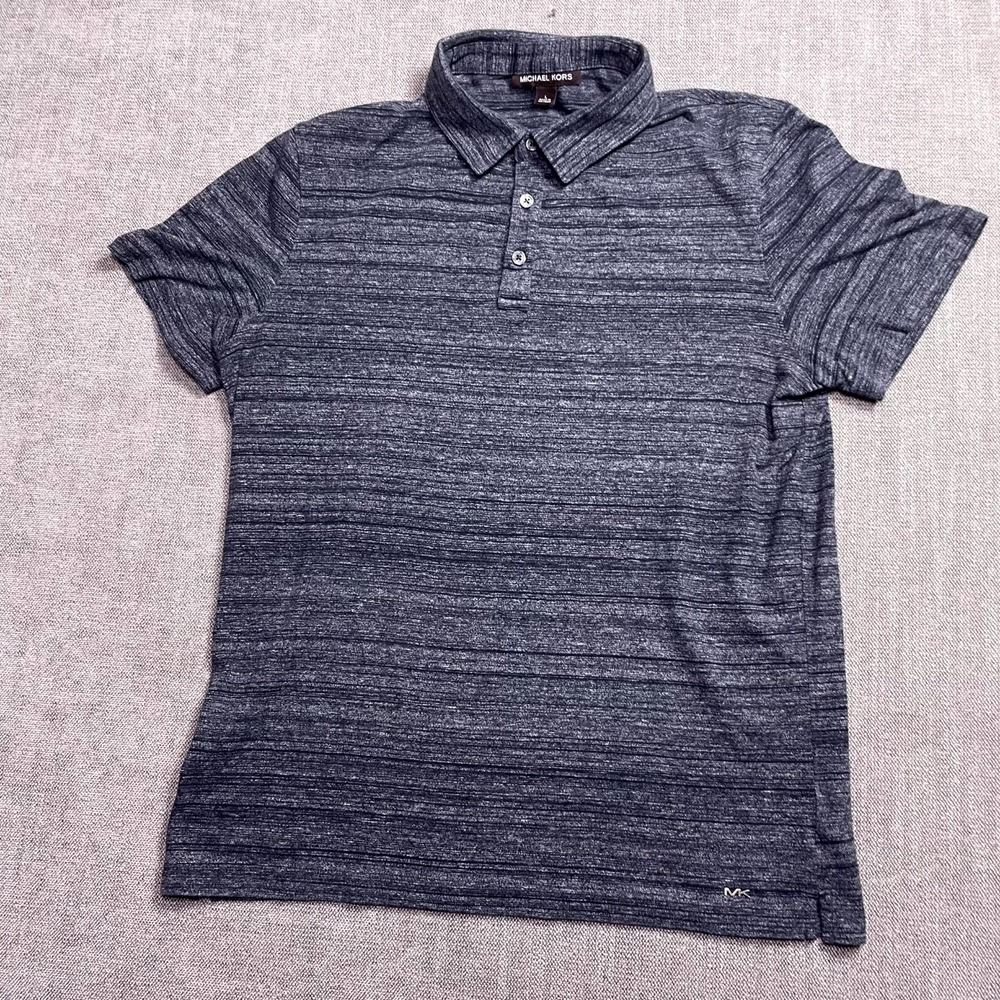 Michael Kors Polo Shirt Men Large Gray Striped Short Sleeve Performance Pullover